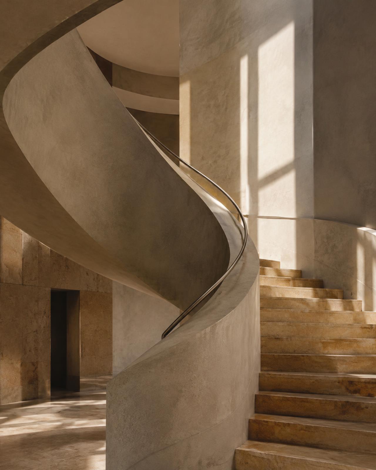 Sculptural stone staircase lit by raking natural light